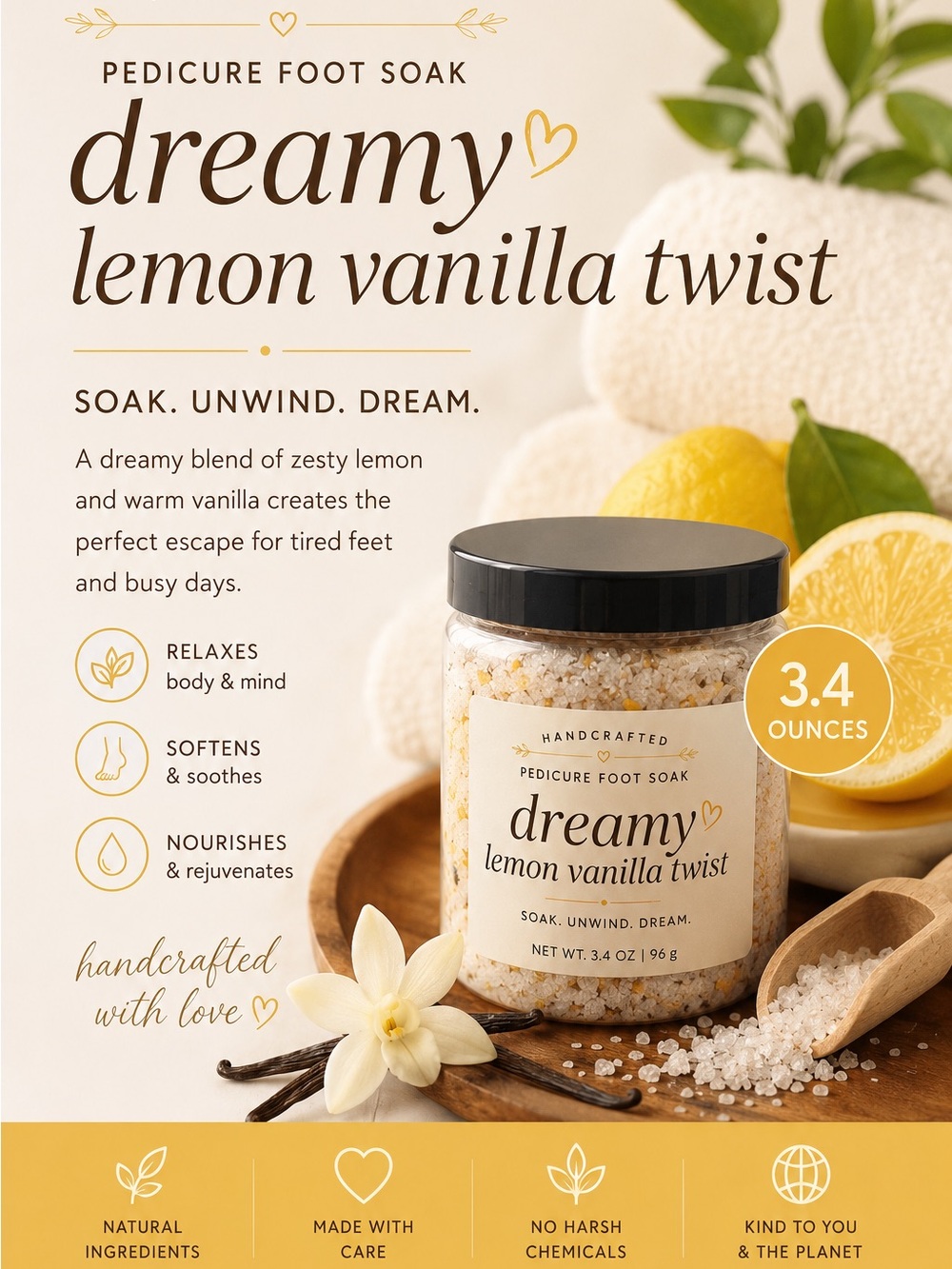 Handcrafted Lemon Vanilla Twist Pedicure Foot Soak – 3.4 oz